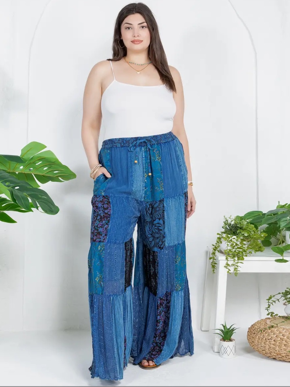YOUNG THREADS Boho Patchwork Wide Leg Palazzo Pants - Blue - Picture 2 of 6